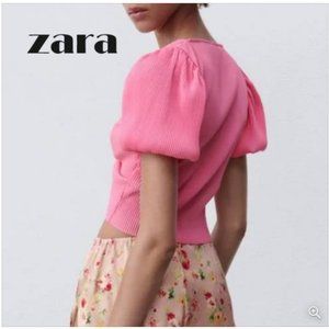 NWT ZARA Bright Pink Puff Sleeve Ruched Crop Top